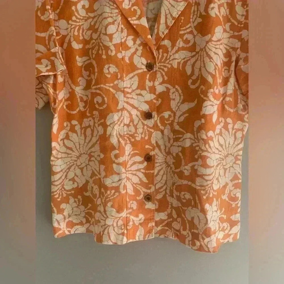Woman’s Chico’s Orange Paisley Linen Short Sleeve Button Down Vacation Top Sz1 - Picture 5 of 9